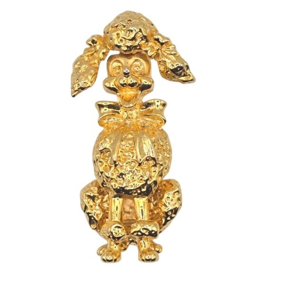 Gold Tone Vintage AAI Poodle‎ Dog Brooch Pin Textured Bow Accent Adorable